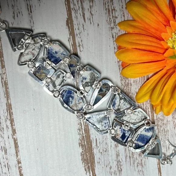 Sodalite Bracelet Handmade Stone Gemstone 925 Silver Large Ethnic Bohemian New!